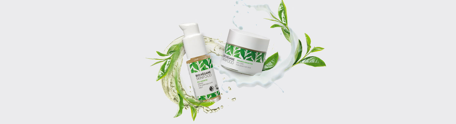 BIO:VÉGANE SKINFOOD Bio Grüntee Serie mit Wirkstoffen. Bio Grüntee Serum und Bio Grüntee 24h Pflege für empfindliche Haut mit grünem Tee und pflegenden Wirkstoffen.
